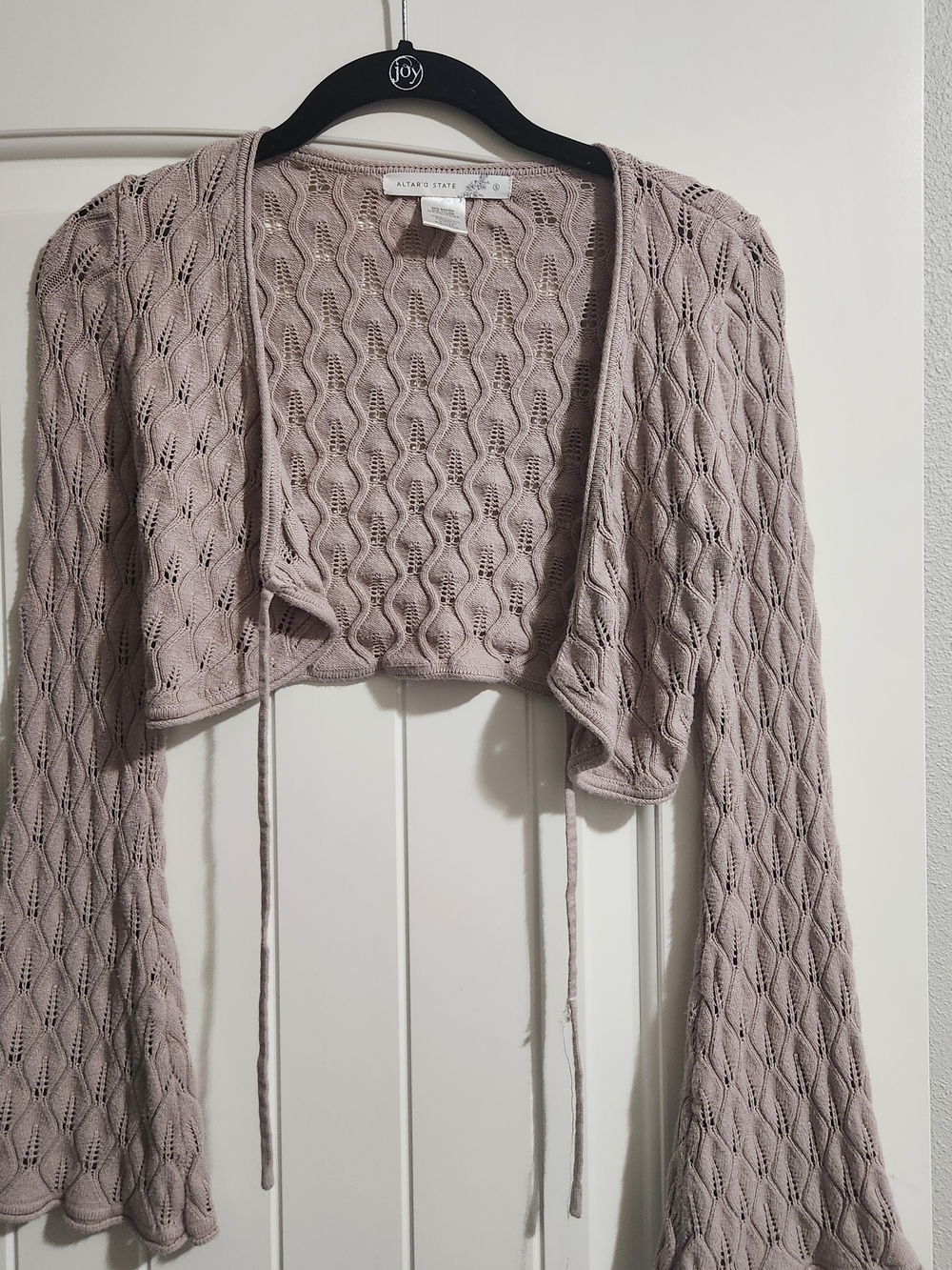 Altar'd State Dusty Lavender Openwork Knit Cropped Shrug with Tie